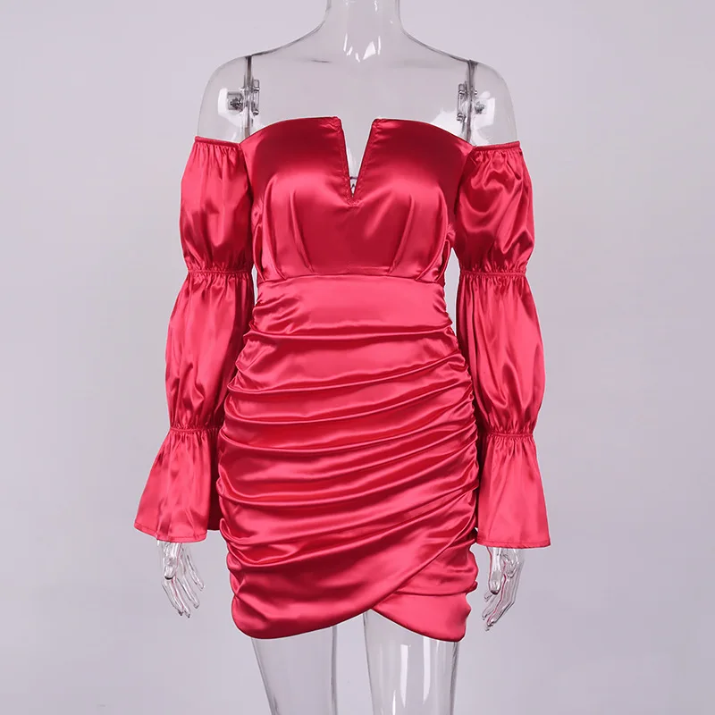 

Summer New Women's Skirts Spring 2021 Fashion Sexy One-line Neck Halter Satin Long-sleeved Dress
