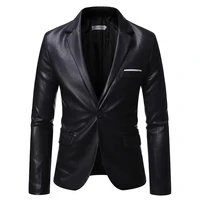 men black blazer pu leather spring autumn casual suit jacket slim fit business work daily life stage single breasted one button
