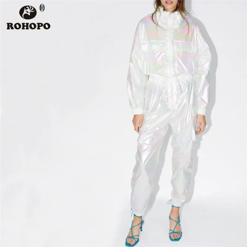 ROHOPO женский белый ПВХ голографический Бомбер куртка большой реальный карманы