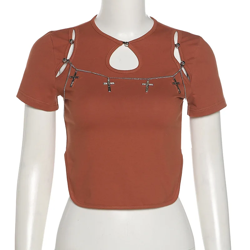 

ALLNeon E-girl Fashion Hollow Out Chain Short Sleeve T-shirts Y2K Streetwear O-neck Slit Hem Brown Baby Tees Punk Style Crop Top