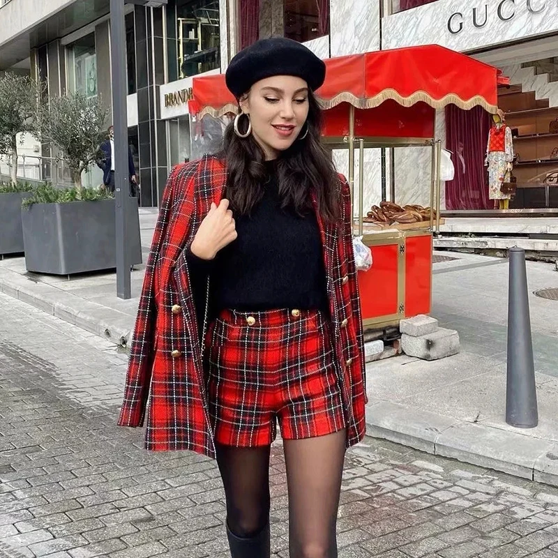 Комплект из двух предметов двубортный твидовый клетчатый пиджак и шорты - купить