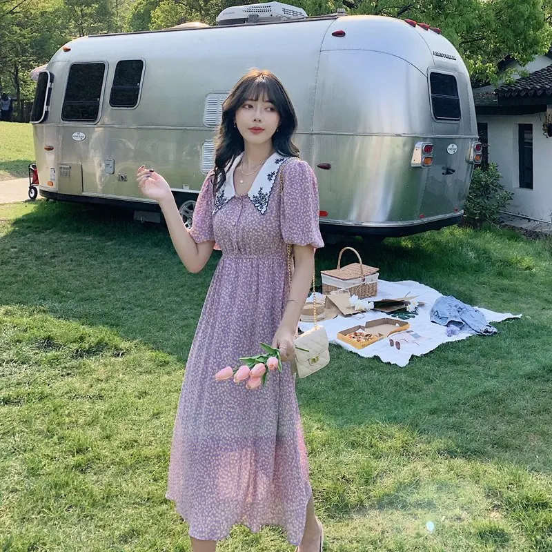 

2021 summer style ~ real shooting ~ Korean French purple doll collar bubble sleeve short sleeve Floral Chiffon Dress