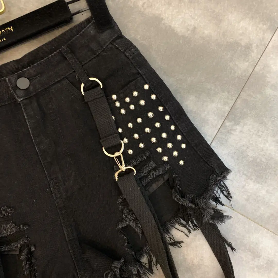 2019 лето осень новый бисер плечевой ремень тренд женские черные джинсовые шорты