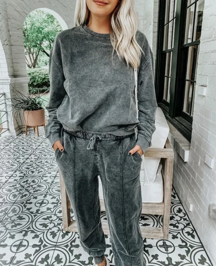 

Новинка весна-осень 2020, женские модные однотонные пуловеры из двух частей с круглым вырезом и длинным рукавом, женские повседневные брюки