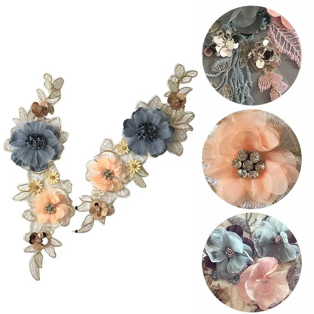 

1 Pairs of Three-Dimensional Flowers Sequins Embroidered Rhinestone Lace Beaded Applique with Sequins DIY Lace for Wedding Dress