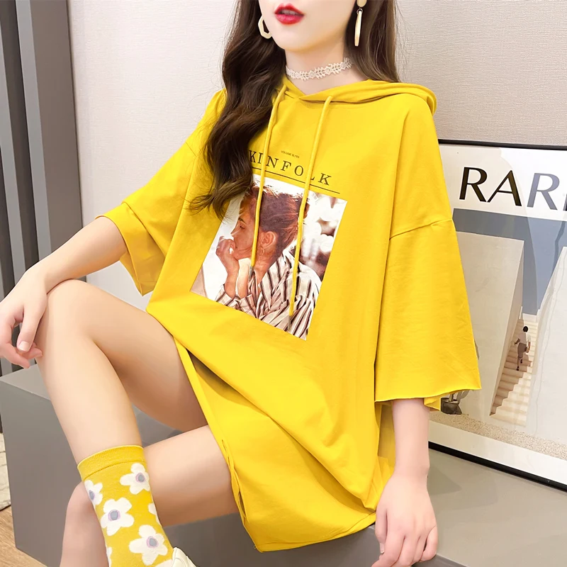 #0619 желтая синяя белая футболка в стиле Харадзюку для женщин свободная хлопковая