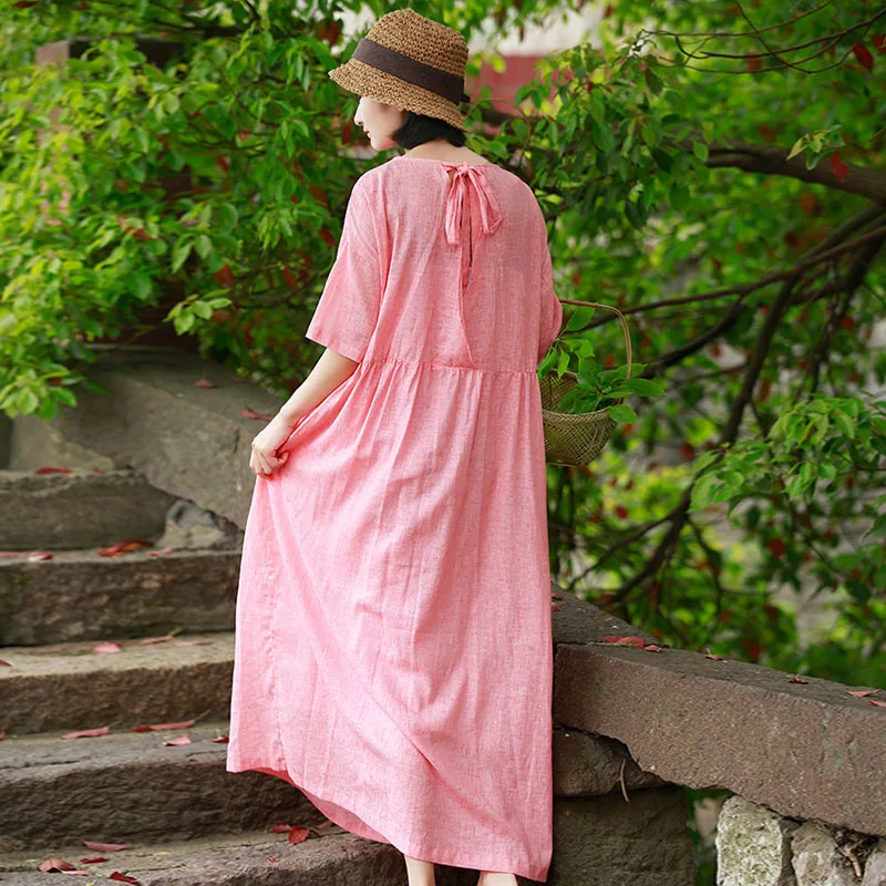 Женское хлопковое льняное платье Johnature однотонное свободное удобное с круглым