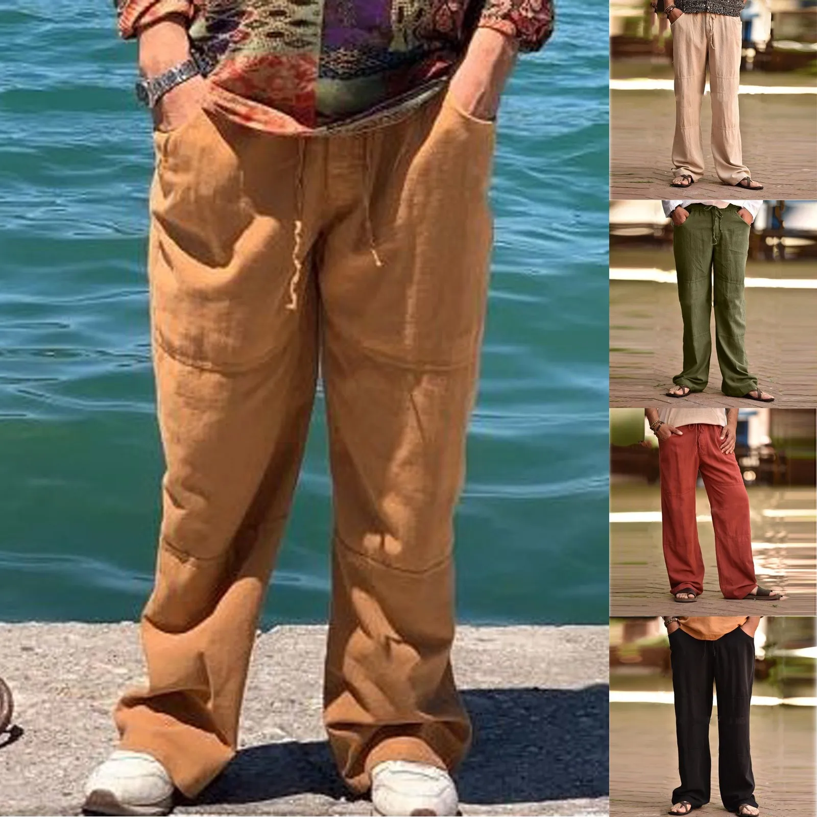 

Брюки мужские из хлопка и льна, свободные легкие Пляжные штаны с эластичным поясом, удобные повседневные