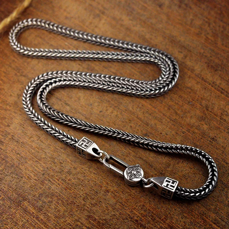 

Solid 925 Sterling Silver Fox Tail Necklace Men Women Long Link Retro Necklaces 3.5mm Thai Silver Jewelry