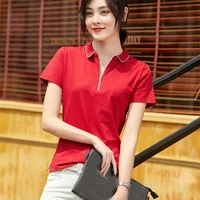 high quality 2022 summer cotton womens polos shirts casual short sleeve zipper lapel ladies tees fashion female slim tops
