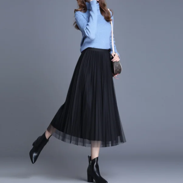 

Wear 2021 new mesh skirt on 2 sides, women's medium length high waist pleated skirt, drape long skirt, women's A-line yarn skirt