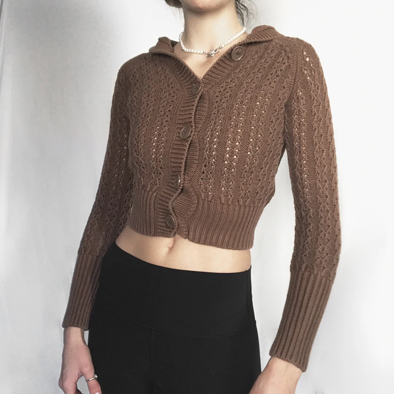 

Female Knitwear, Ladies Solid Color Long Sleeve Hooded Sweater Crop Tops for Autumn Winter, Brown, S/M/L