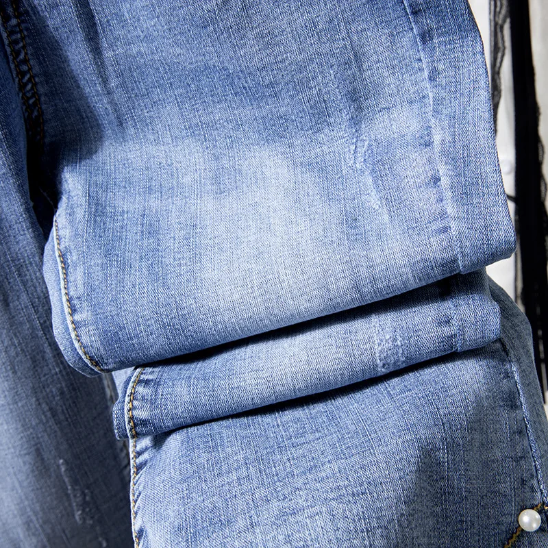 

Plus Size Elastic Cropped Mom Jeans for Women High Waist Pearl Denim Trousers New Skinny Bootcut Ankle Length Pants Fringe Hem