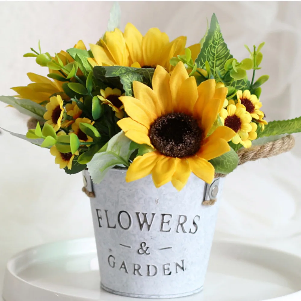 Fake Flowers In Metal Potted Ornaments Decorations Sunflower Thick Hemp Rope Retro Tin Bucket Vintage Simulation Bonsai | Дом и сад