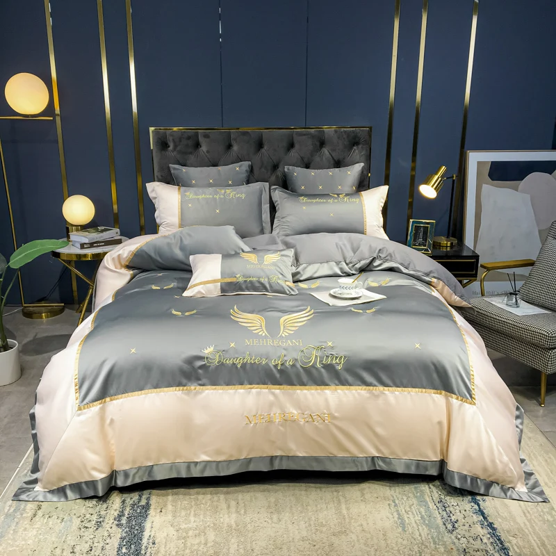 

New Luxury Smooth Soft 600TC Silk Cotton Bedding Set Gold Wing Embroidery Duvet Cover Fitted Bed Sheet Pillowcase Home Textiles