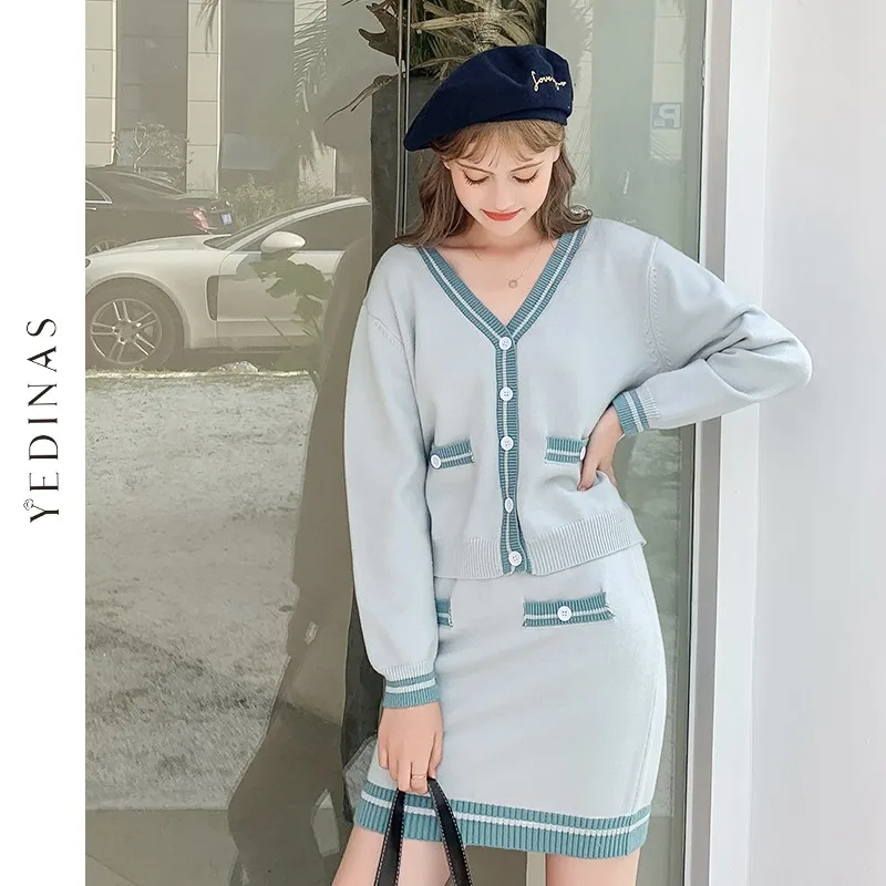 

Yedinas Fashion Women Sweater Two Piece Set V Neck Long Sleeve Button Top Shirt And Mini Skirt Casual Autumn Sets for Ladies