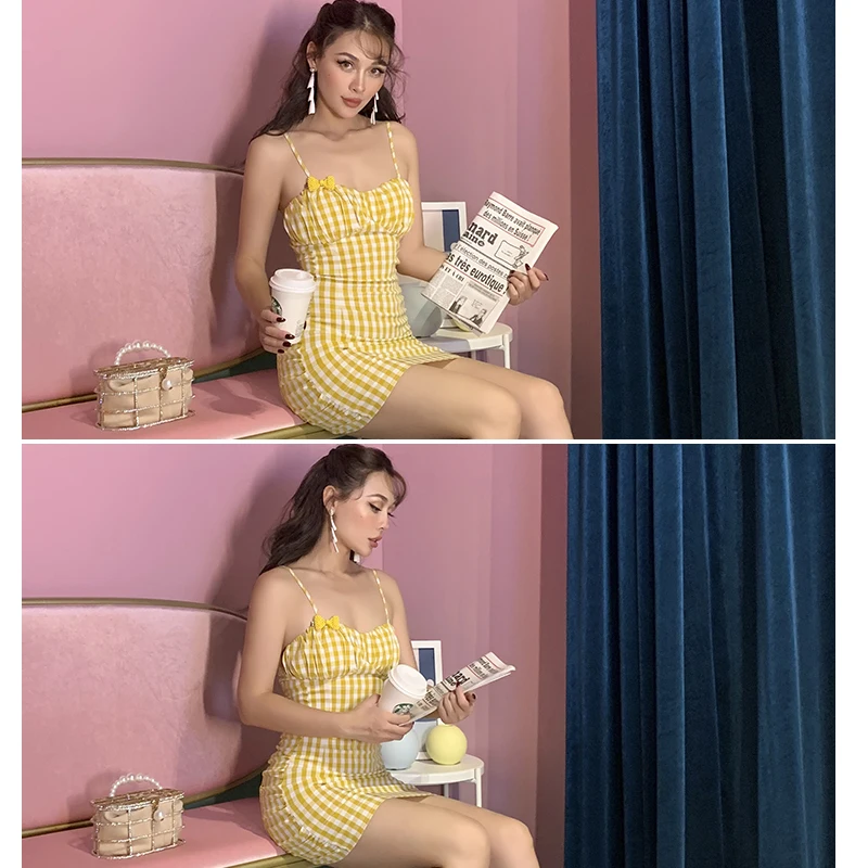 Женское винтажное плиссированное платье желтое облегающее мини в клетку легкое