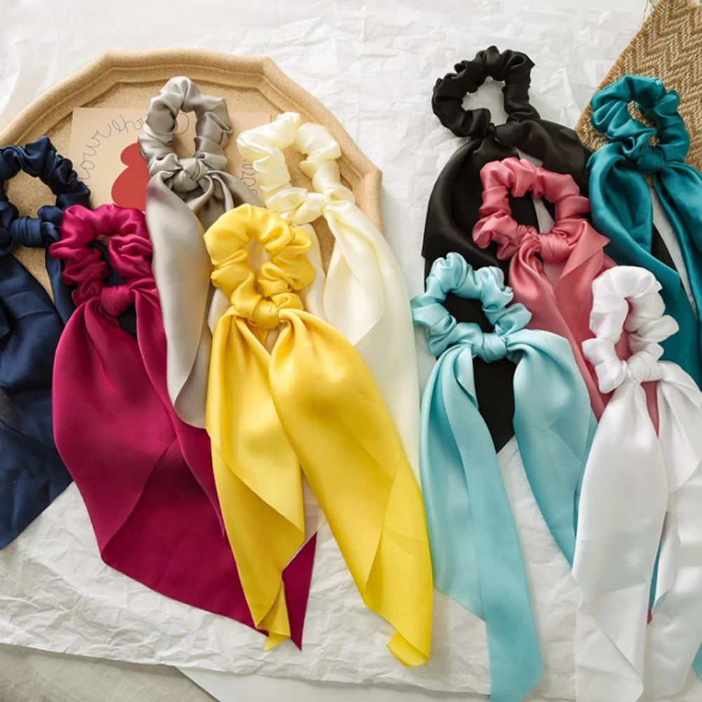

New Multicolor Women Headwear Turban DIY Bow Streamers Hair Scrunchies Ribbon Hair Ties Horsetail Ties Solid Color Head Wrap