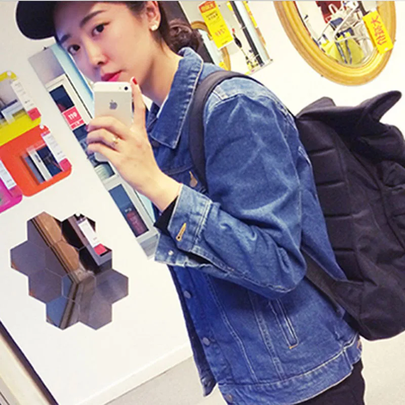 Женская Повседневная джинсовая куртка синяя черная свободная однобортная с