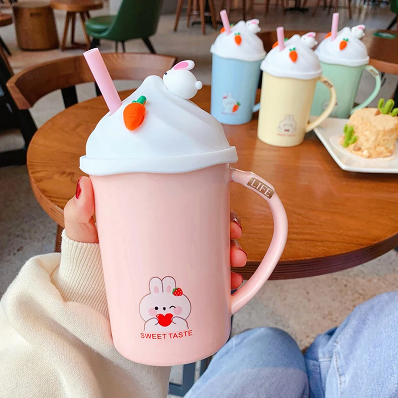 

Lovely Strawberry Mug With Lid Straw To Send Spoon Food Grade Drinking Tea Milk Coffee Christmas Cold Cup