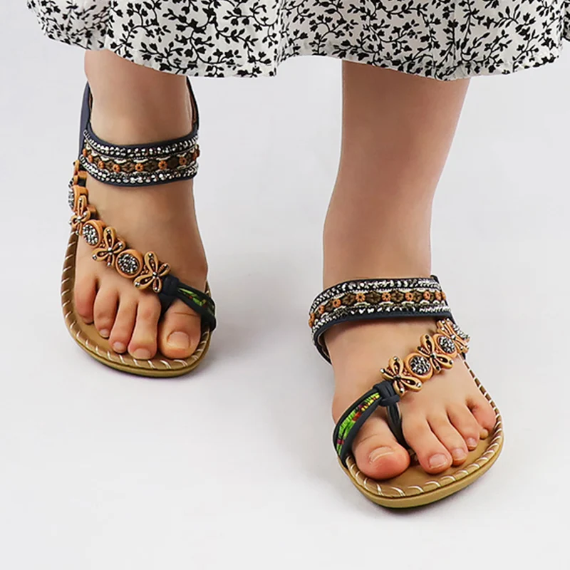 Luxury Sandals Ladies 2022 Toe Ring Comfortable Print Slides Women Designer Crystal Retro Female Summer Shoes Holidays Bohemian