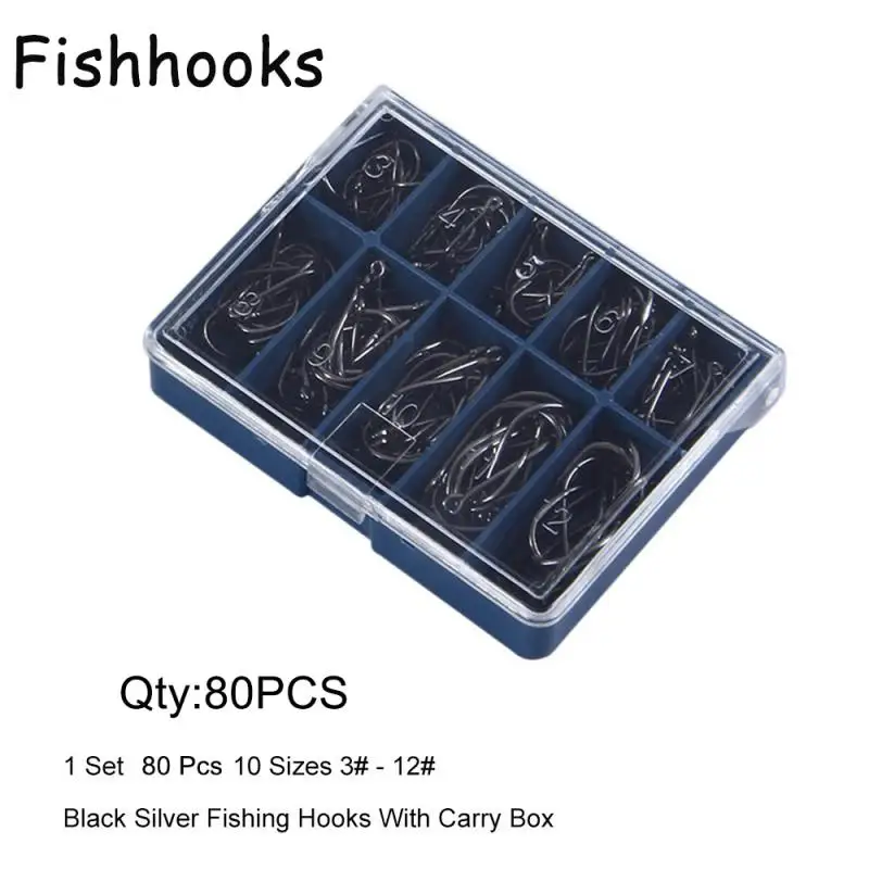 80 шт. набор рыболовных крючков #3-#12 из углеродистой стали | Спорт и развлечения