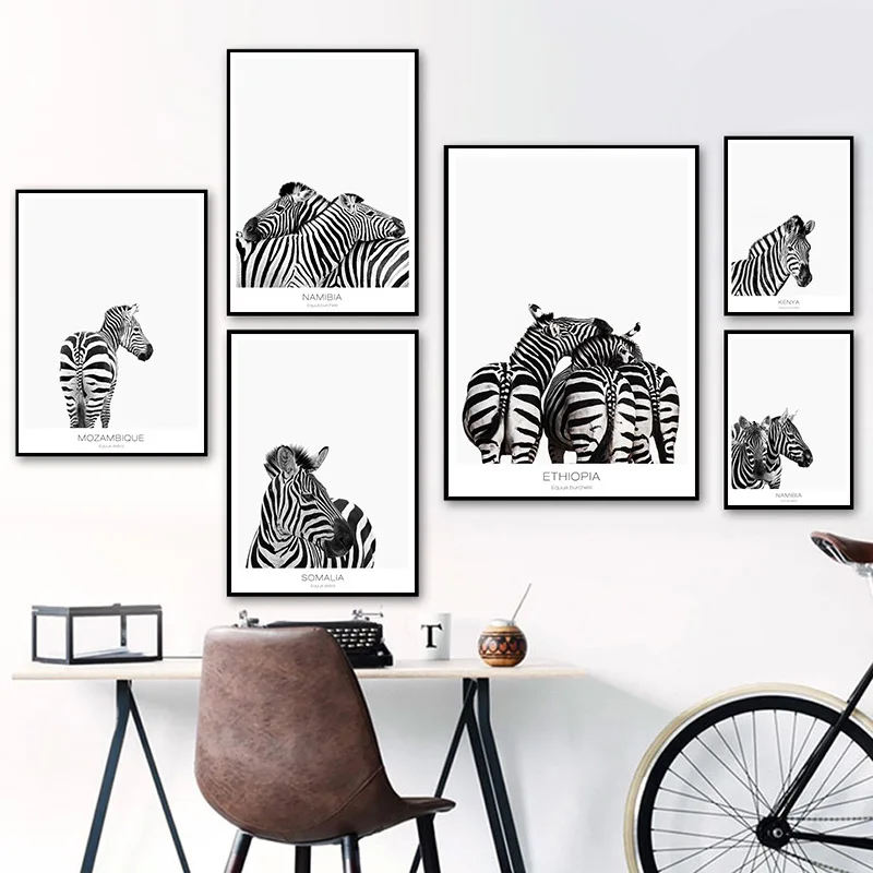 Настенные плакаты в скандинавском стиле с принтом зебры черно белые животными и
