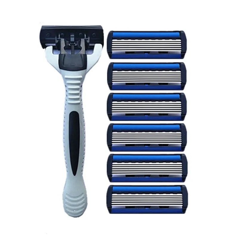 

6-слойная Мужская Безопасная бритва, 1 бритвенный станок + 7 сменных мужских t-образных лезвий, кассета, ручная Бритва для бороды, эпилятор для волос на лице с триммером