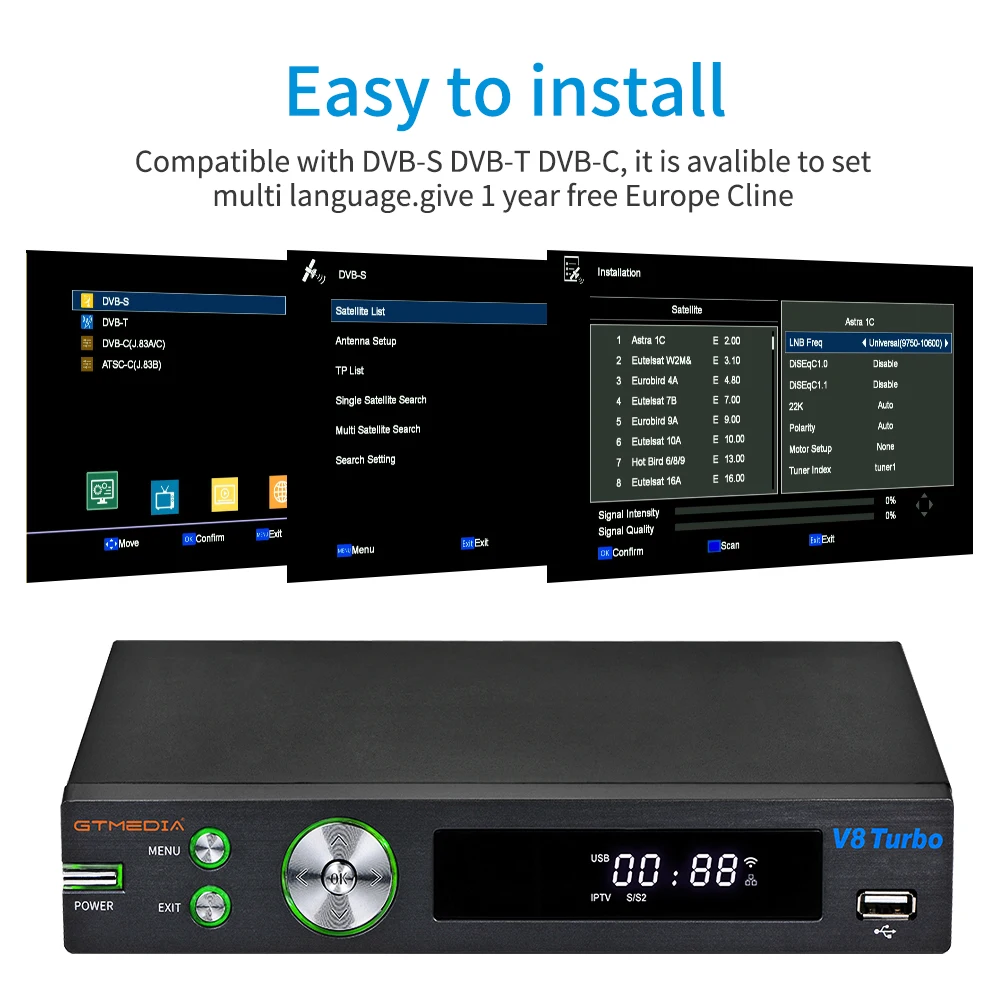 Спутниковый ресивер GTMEDIA V8 Turbo DVB S2/S2X/T2/C 10 битный Wi Fi H.265 поддержка карт в