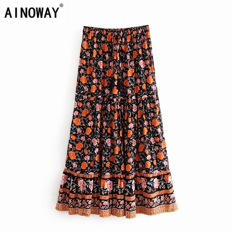 Винтажная шикарная Женская пляжная богемная юбка с цветочным принтом высокой
