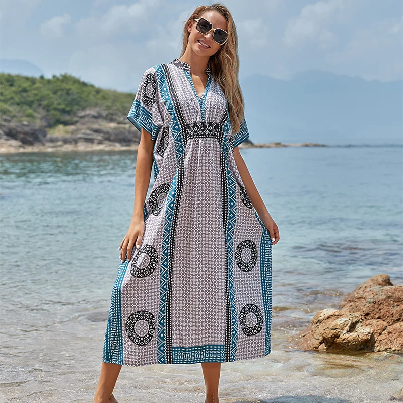 

2021 Quick-drying Bohemian Women Summer Beach Dress Swim Wear Cover Up Tunic Sexy Robe Kaftan Beach Bikini Cover-ups pareo Q927