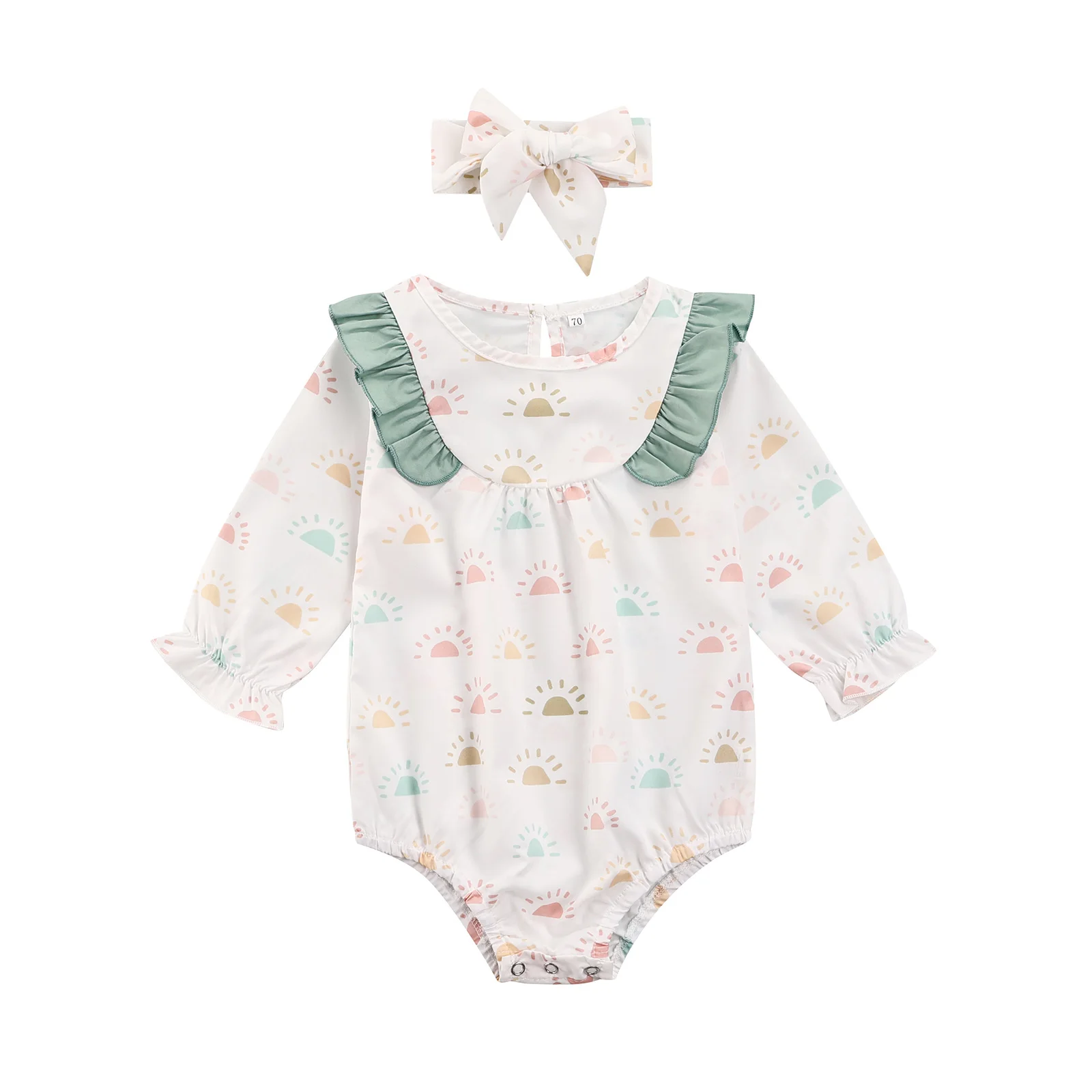 

0-18 Months Full Sleeve Bodysuit Baby Girls Clothes Set, Sun Print Long Sleeve O-neck Short Romper+bow-knot Headband