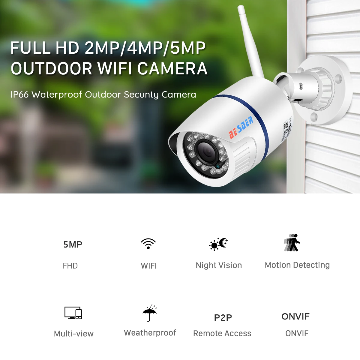 IP-камера BESDER уличная Беспроводная с поддержкой Wi-Fi и слотом для SD-карты 5 Мп -