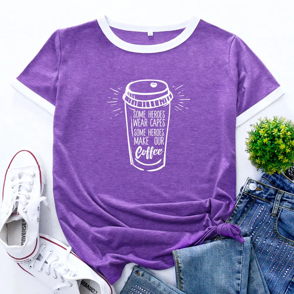 

Cup Coffee Drink Womens Colorblock Crewneck Short Shleeve Cotton Blend Summer T-shirts Graphic Tees for Woman Female Print Top
