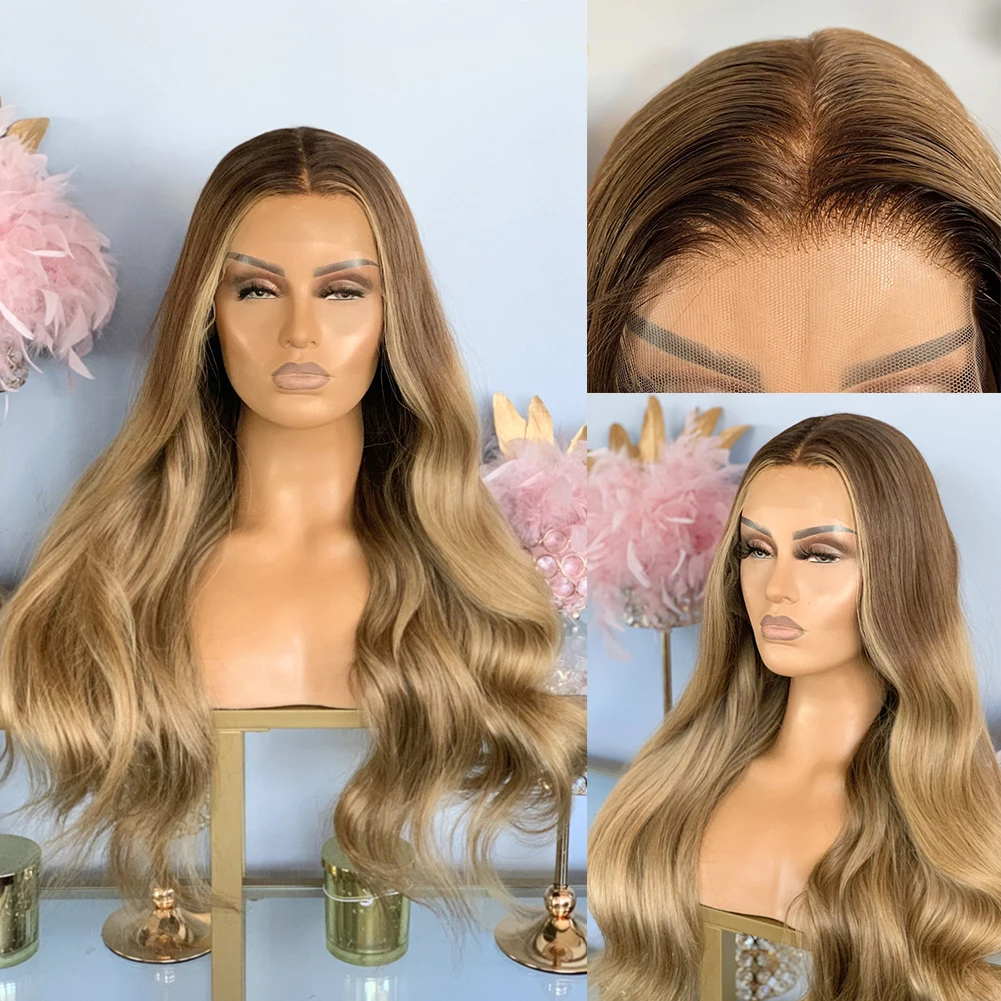 

Glueless 13x6 Lace Front Wig 28" Long Wavy Blonde Ombre Human Hair Wigs For Women Dark Roots Pre Plucked 180% Remy Hair