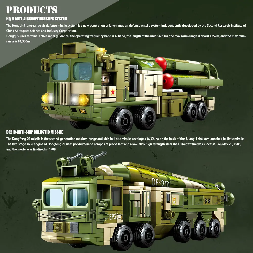

BZDA WW2 Missile Car Building Blocks Dongfeng-21D Anti-ship Ballistic Military Truck Model Bricks Toys Kids DIY Gift