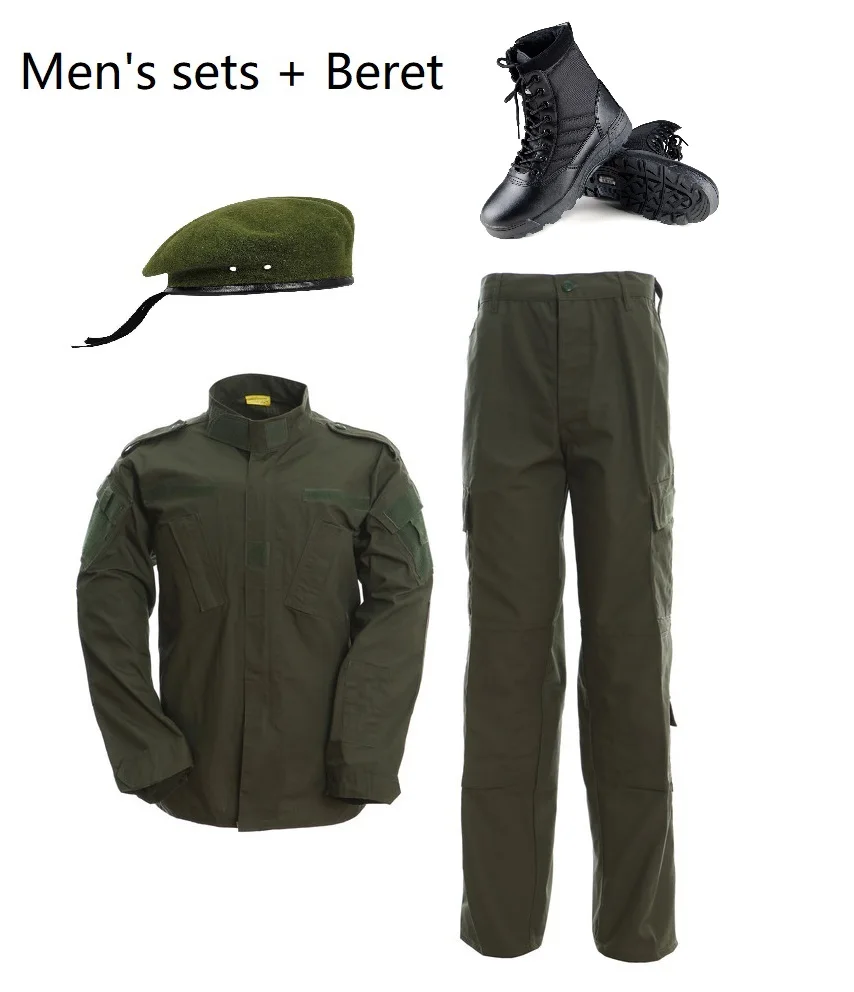 

Men's Sets Army Green Army Uniform ACU Ribstop Military Uiforms With Beret Swat Boots