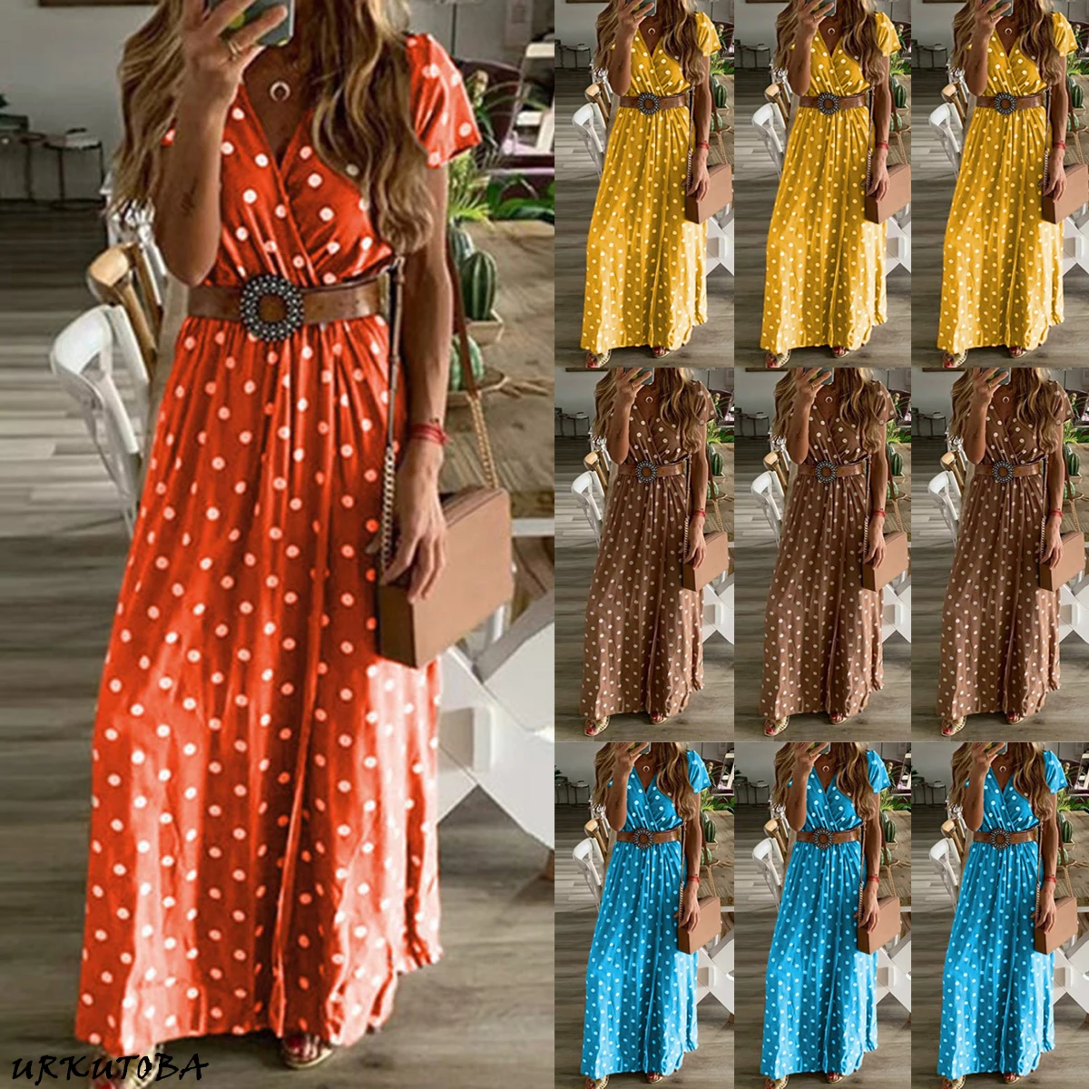 Женское летнее платье с коротким рукавом v-образным вырезом в горошек Boho длинное