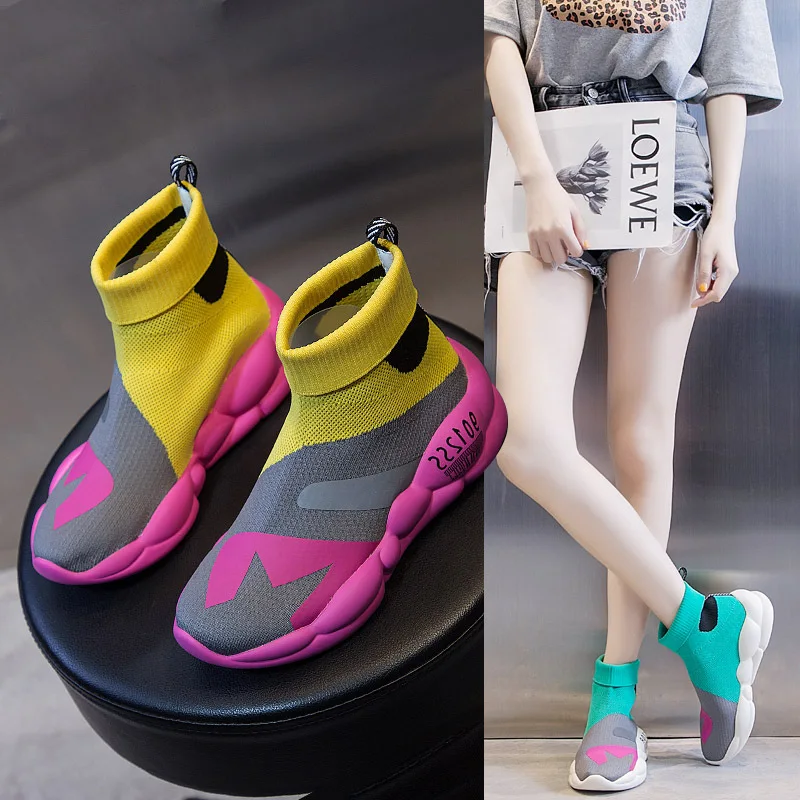 

Women Running Shoes Knitting Mixed Color High Help Fashion Sport Shoes For Women Outdoor Height Increasing Ladies Sneakers