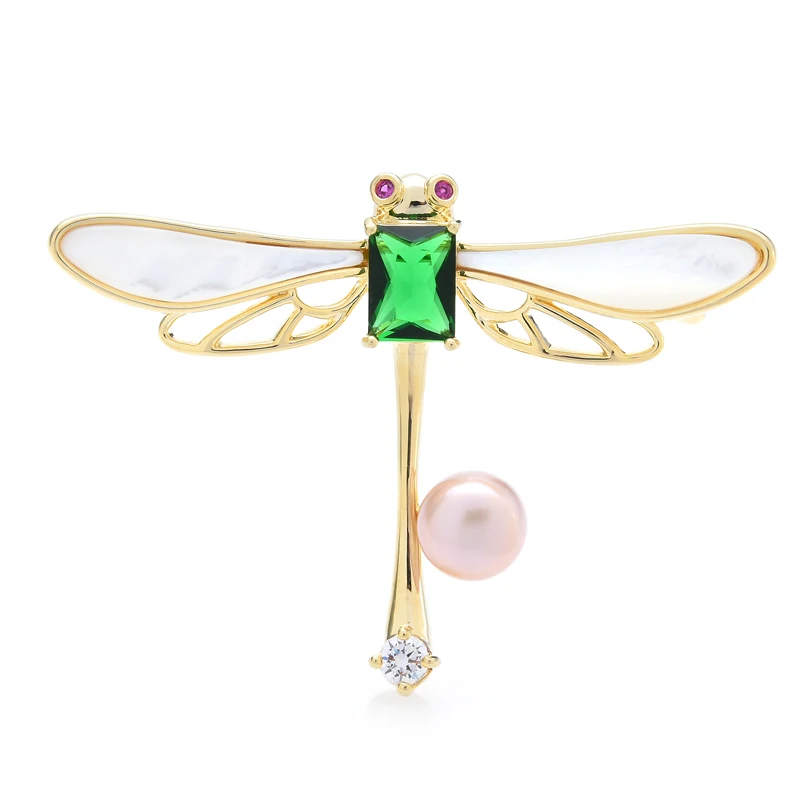 

Wuli&baby Green Crystal Natural Pearl Shell Dragonfly Brooches For Women Luxury Party Banquet Insects Brooch Pin Gifts