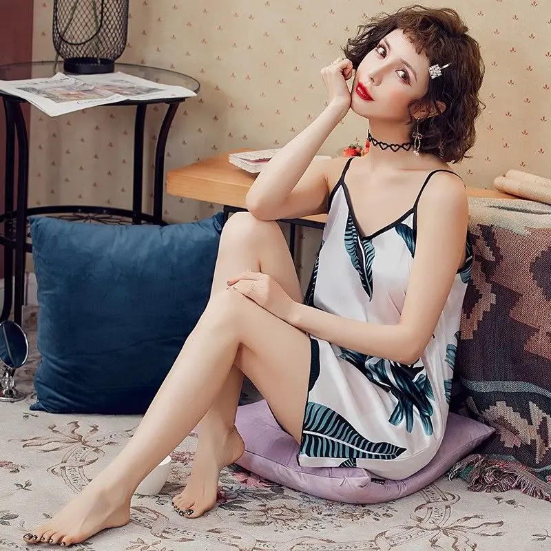 

Bossilia pajamas women's summer sexy lingerie short skirts adult halter strap nightdress sexy V-neck gathered women summer
