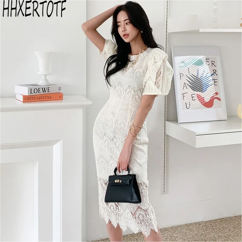 

2021 Summer Elegant women Hollow Out Sheath Office Dress Slim Lace Dresses Korean Pencil dress Vestido