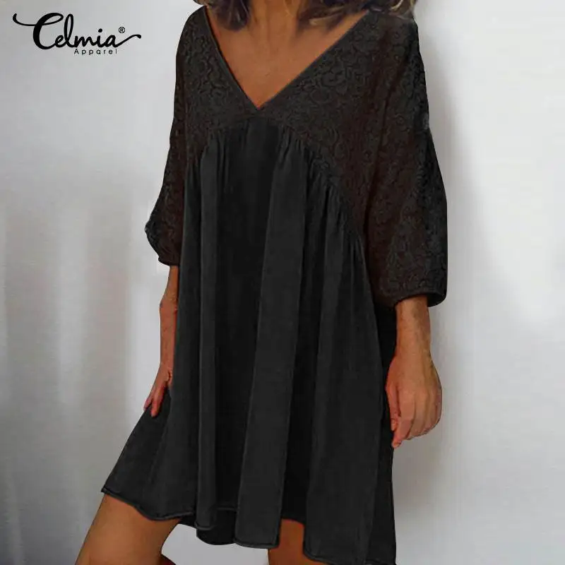 Bohemian Dress Celmia Women 3/4 Sleeve V-neck Summer Lace Sundress Casual Loose Pleated Party Robe Femme Mini Vestidos Plus Size | Женская