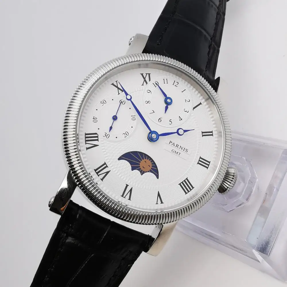 42 мм наручные часы Parnis с белым циферблатом кожаный ремешок чехол из нержавеющей