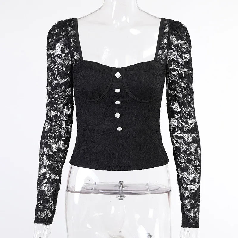 

Winter Style Fashion T-Shirt 2021 Sexy Fashion Kniited Long Sleeve Lace Circle Button Black High Street Women T-Shirt