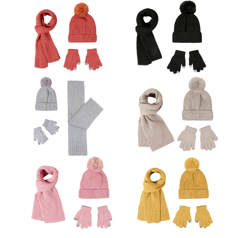 

Three-piece Hats Scarf Gloves Set Children Hat Winter Warm PomPon Knitted Hat Autumn Winter Gilr And Boy Fashion Set P8DB