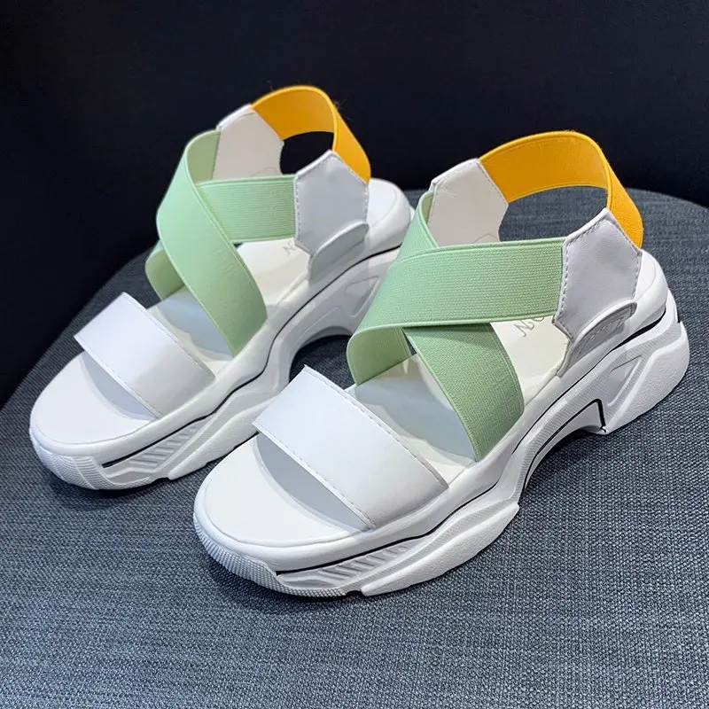 

2021 New Fashion Open Toe Women's Sports Sandals Elastic Platform Shoes Women Thick-soled Casual Shoes Summer Female Sandals