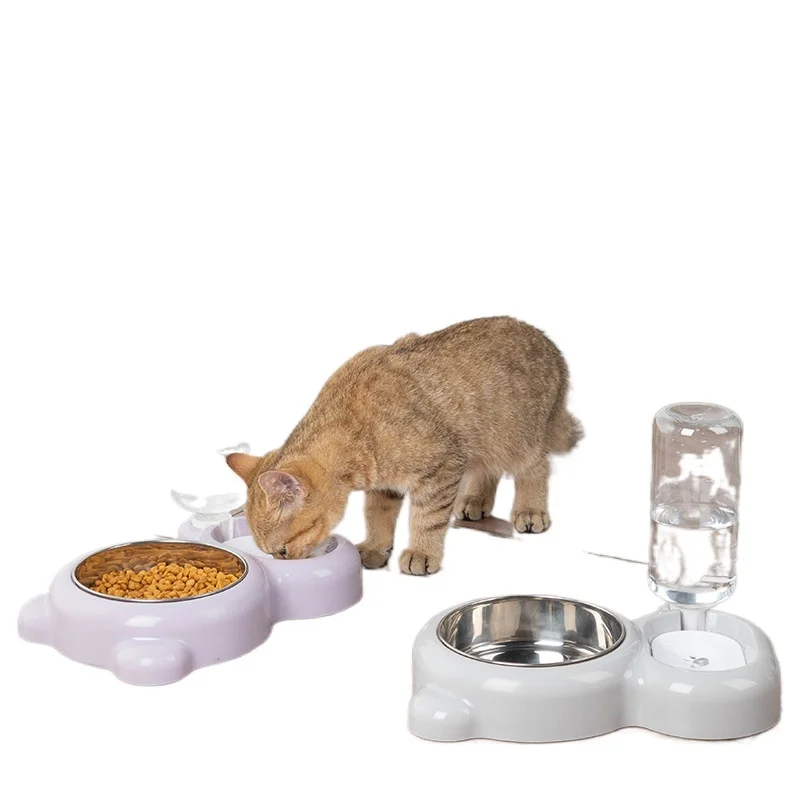 

Pets Drinking Feeding Bowl Cute Bear Shaped Automatic Water Refill Dry Wet Separation Split Design PP Stainless Steel Material