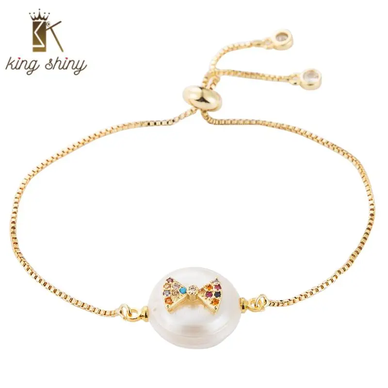 

2020 New Design Fashion Gold Color Bracelet and Bangle for Woman Simple Design Bowknot Natural Pearl Adjustable Copper Bracelet