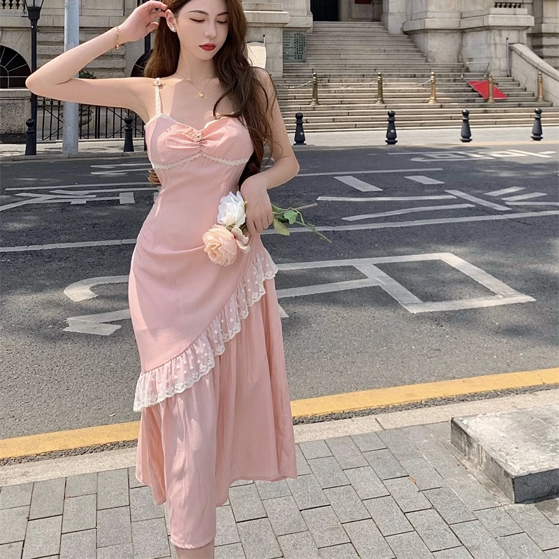 

Summer Women Two-Piece French Sweet Dress Waist Mid-Length Irregular Stitching Lace Super Fairy Suspender Skirt Female M244